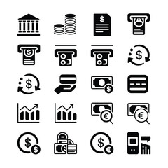 Collection of Twenty Black and White Finance Icons Depicting Banking Building Cash Money Transactions Credit Cards A T M Machines Currency