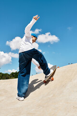 Young man skillfully performs skateboard trick in vibrant park under sunny sky