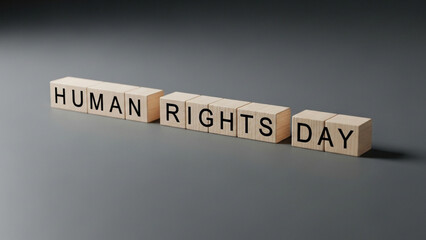 A minimalist photograph of wooden letter blocks spelling out the word "  human rights day
" arranged in a straight line on a dark gray background. 