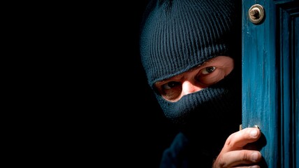 Intruder in balaclava preparing to break into a house through a door at night, copy space for text