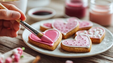 Heart-shaped cookies decorated with pink icing