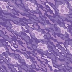 Seamless pattern of fantastic animal, camouflage pattern. Stripes, dots and spots shades of purple and pink in a random order on a purple background