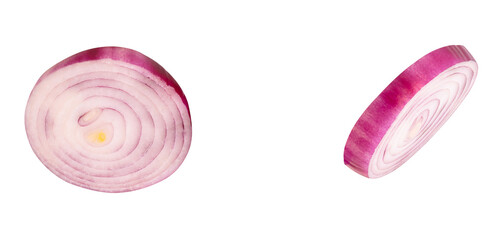 Spanish onion or red onion slices in set scattering isolated on white background with clipping path