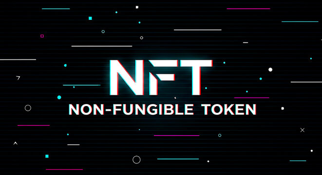 White N F T Non Fungible Token Text With Glitch Effect On Dark Background With Geometric Shapes nonfungibletoken
