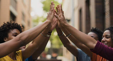 Joyful group of friends celebrating success with a high five in a city street.