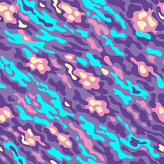 Seamless pattern of fantastic animal, camouflage pattern. Bright stripes, dots and spots of purple and pink, yellow and neon blue in a random order on a purple background