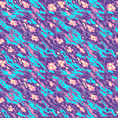Seamless pattern of fantastic animal, camouflage pattern. Bright stripes, dots and spots of purple and pink, yellow and neon blue in a random order on a purple background