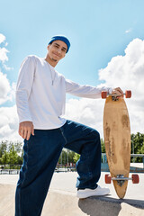 Young man enjoys a sunny day at the park while posing with his skateboard