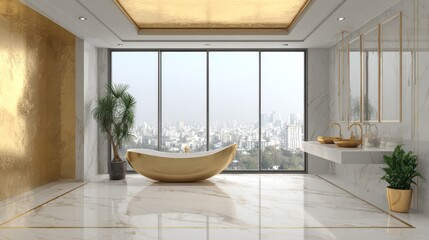 Fototapeta premium Luxurious bathroom interior with a gold bathtub and city view.