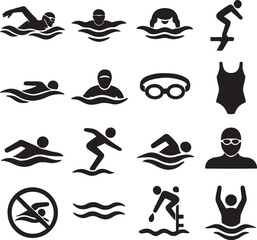 Silhouette Swimming Icon Collection – Minimalist Black Set of Aquatic Sports Symbols