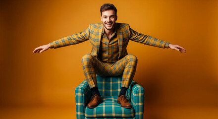 Fototapeta premium Smiling man in yellow plaid suit sitting on teal plaid armchair against orange background, showcasing fashion and style, ideal for advertising or editorial