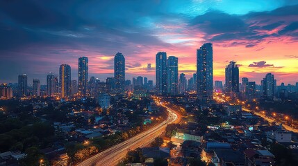 Urban cityscapes at dusk, skyline with skyscrapers, glowing windows, traffic lights, modern buildings, city life, metropolitan view, architectural structure, downtown scenery