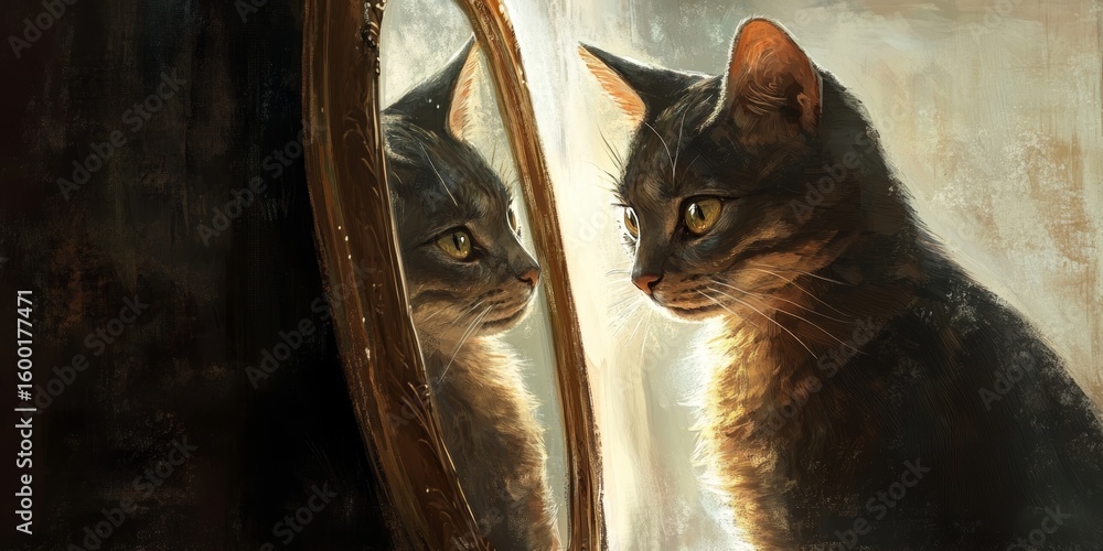 Poster a cat is looking at its reflection in a mirror. the cat appears to be curious about its own reflecti