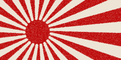 Japanese sun rays retro background. Hand drawn brush red sunlight flags, grunge Japan flag, rising sun textured shape. Vector