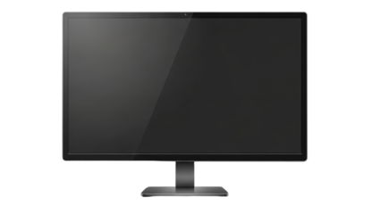  A monitor displays a black screen. The monitor has a thin bezel and a gray stand, useful for displaying digital content.