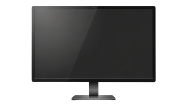  A monitor displays a black screen. The monitor has a thin bezel and a gray stand, useful for displaying digital content.