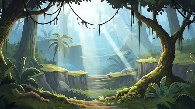 Cinematic cartoon jungle background with layered depth for immersive animation, storytelling scenes, and video games