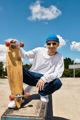 Young man enjoys a sunny day at the park while skateboarding and expressing his individuality
