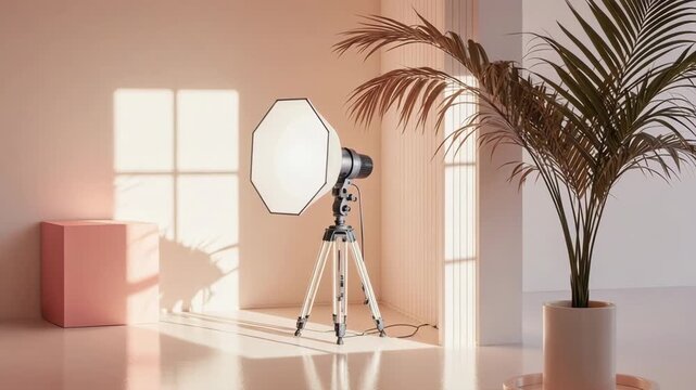 Minimalist studio setup with softbox lighting, plant, and peach cube decor