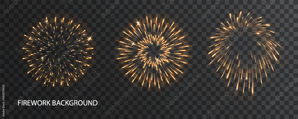Aufkleber firecracker explosion in night sky. 3d vector salute with glowing sparks and realistic light trails.