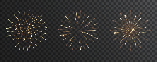 Sparkling 3D firework isolated. Gold celebration salute with fire and light trails bursting in dark sky. Vector display for holiday, event, or New Year party scenes. © Ann_Sereda