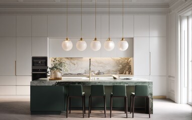 Elegant kitchen island with pendant lights.