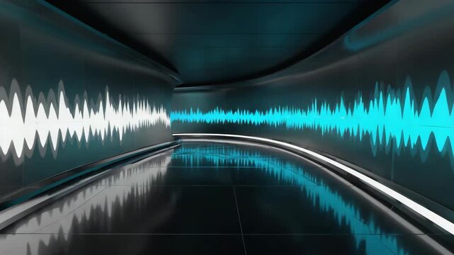 Looping 3D room animation with glowing VU meters and geometric shapes