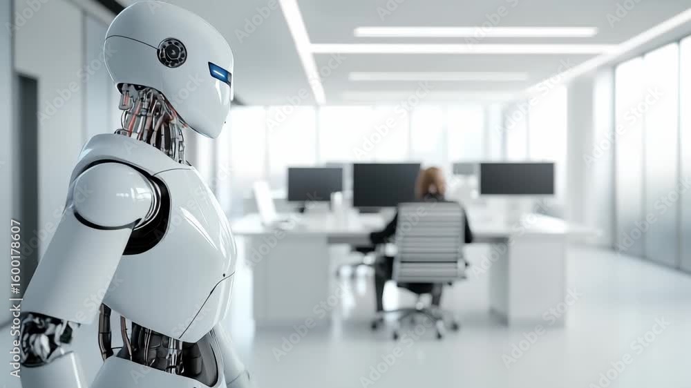 Aufkleber a humanoid robot stands in a sleek office while a person works at their computer, showcasing the ble