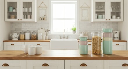 Fototapeta premium Farmhouse Pantry Cabinet with Color-Coded Storage and Rustic Decor