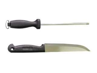 Single silver kitchen knife and one sharpening steel or honing steel with black handles isolated...