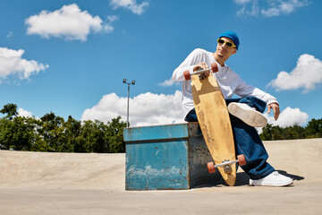 Young man enjoying a sunny day at the park while relaxing with his skateboard