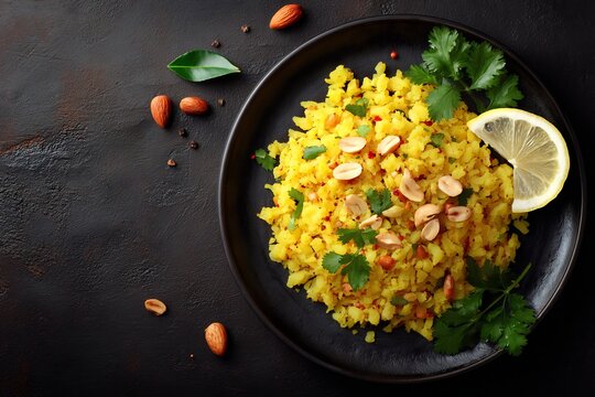 Plate of poha peanuts curry leaves garnished with lemon wedge and coriander healthy Indian breakfast top view