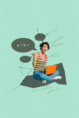 Trend image vertical photo collage of happy businesswoman hold laptop bubble math subject elearn...