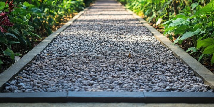 Gray gravel pathway bordered by landscaping stones. - Powered by Adobe