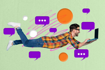 Creative pop collage of young business man communicate use gadget on green color background
