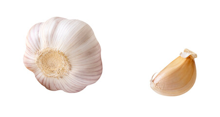 Top view set of one unpeeled garlic bulb and one garlic clove isolated on white background with clipping path