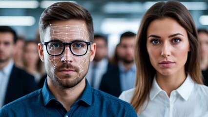 Professional man with digital facial recognition overlay, wearing glasses, stands beside a woman in white shirt; group of blurred individuals in background. Modern technology concept
