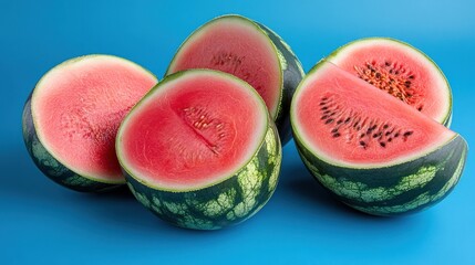 Sliced watermelons arranged on a blue background