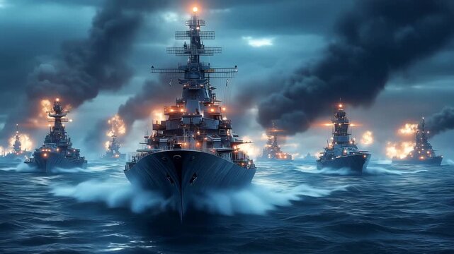 A fleet of naval ships fights in a dramatic battle scene filled with explosions and smoke on stormy waters