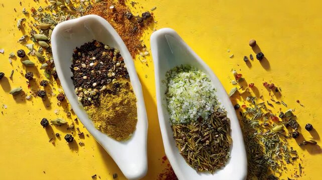 Dry spice culinary composition, dry spice close-up on yellow, dry spice in ceramic bowls, dry spice, seasoning blend, culinary herbs
