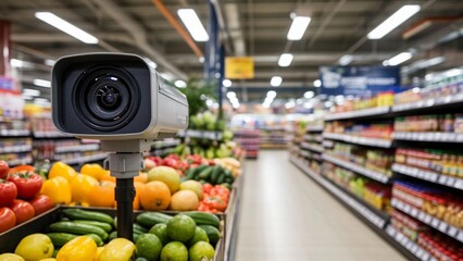 A surveillance camera focuses on a produce section in a supermarket, featuring tomatoes, lemons, zucchini, and cucumbers on display. Shelves line the aisle, stocked with various goods