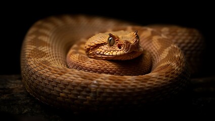 Fototapeta premium Brown coiled viper with patterned scales and piercing eyes snake reptile