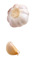 Top view set of one unpeeled garlic bulb and one garlic clove isolated on white background with clipping path