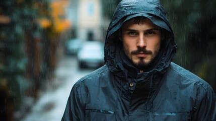 Hooded man on a rainy city street