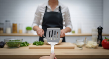 Spatula held in focus towards camera with blurred figure chopping vegetables on a wooden board in the background. Ingredients like greens, tomato, and jars visible on kitchen counter