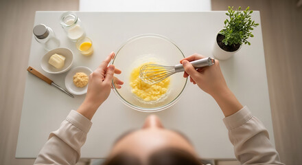Person whisking batter in glass bowl with various ingredients on white table, including butter, milk, eggs, and flour. A small plant is placed nearby for decoration