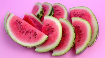 Sliced watermelons arranged on pink background