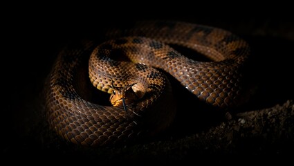 Fototapeta premium Brown scaled serpent with forked tongue flicking snake reptile