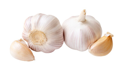 Top view of two garlic bulbs and two garlic cloves in heap isolated on white background with clipping path