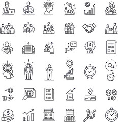This set of simple line icons depicts various business strategies and concepts, including teamwork, leadership, growth, finance, and success.